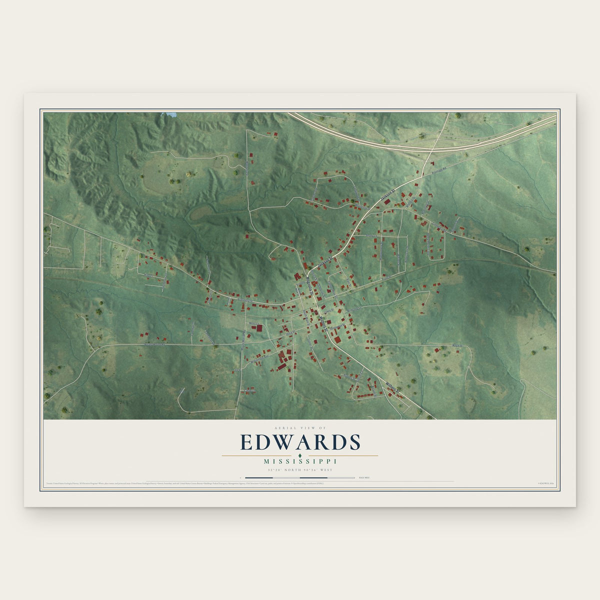 Edwards, Mississippi map print, the full design