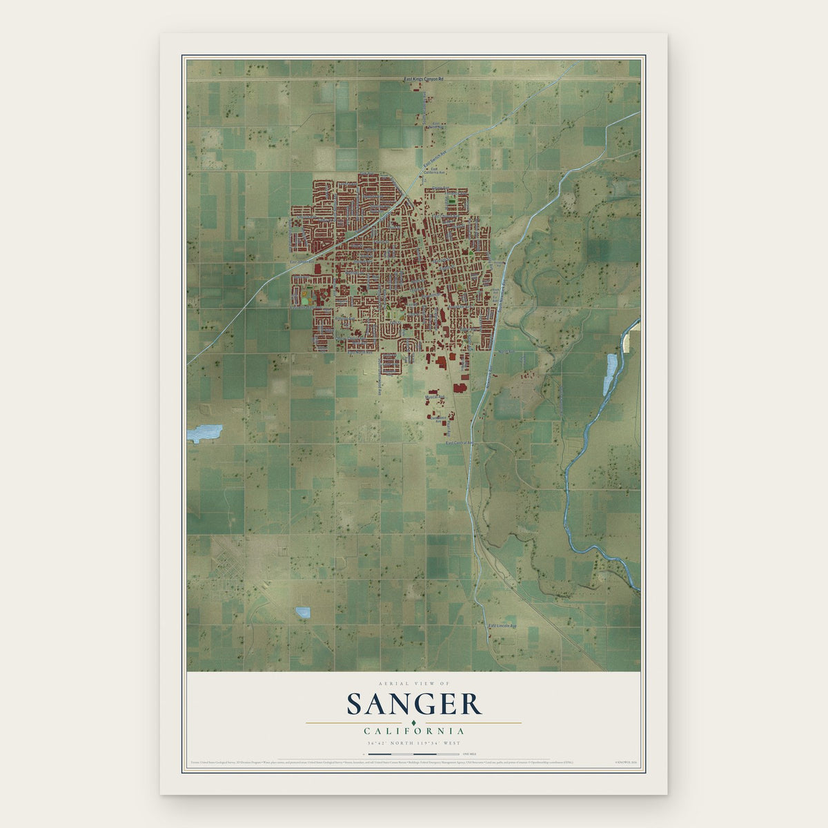 Sanger, California map print, the full design