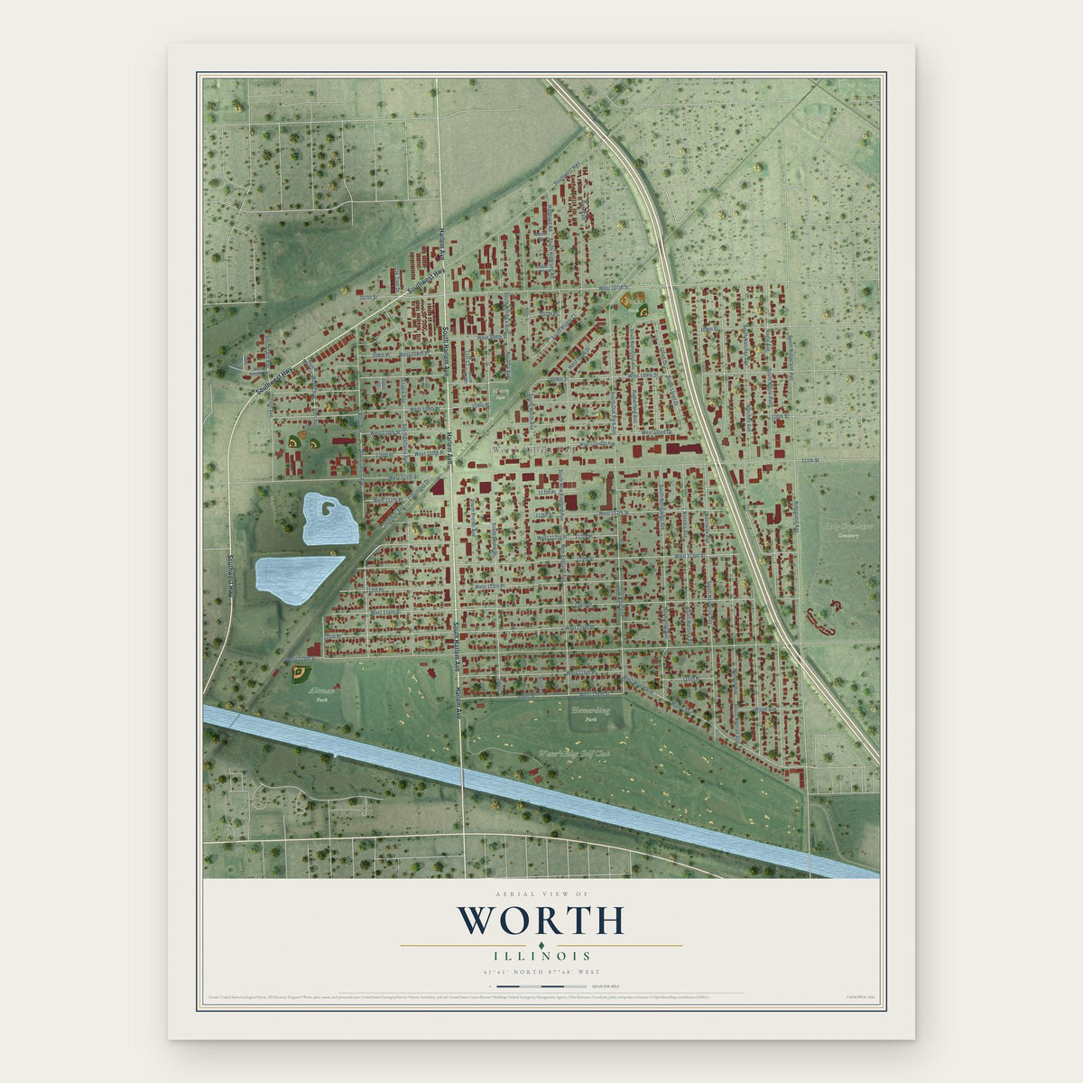 Worth, Illinois map print, the full design