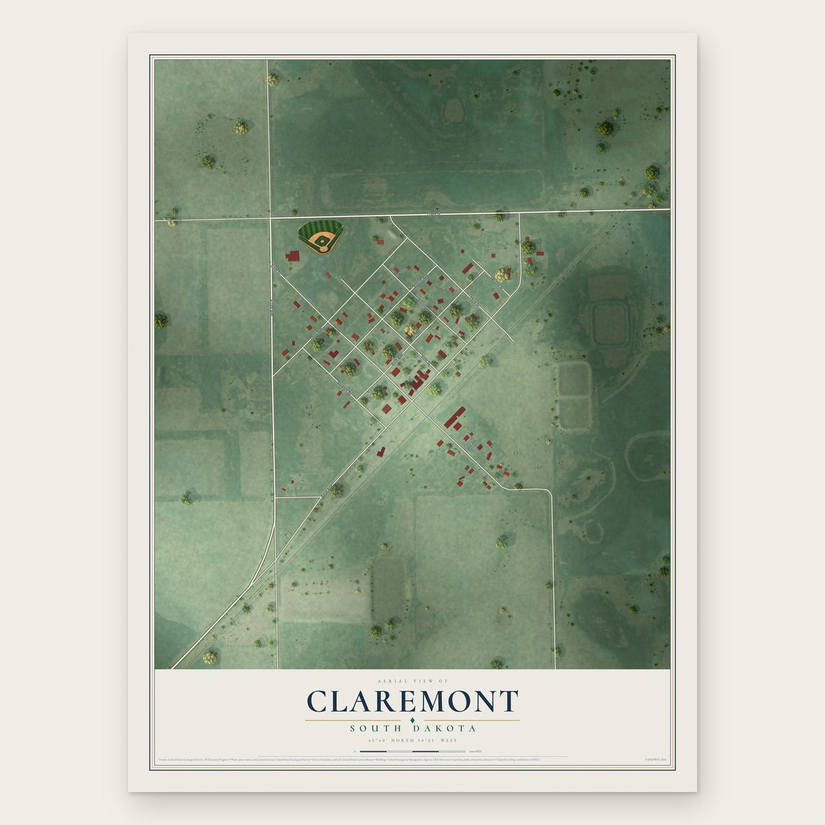 Claremont, South Dakota map print, the full design