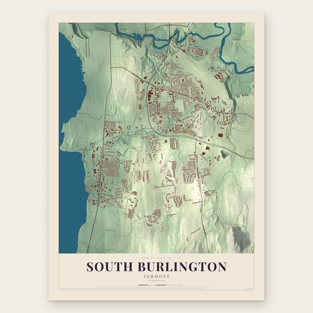 South Burlington, Vermont map print, the full design