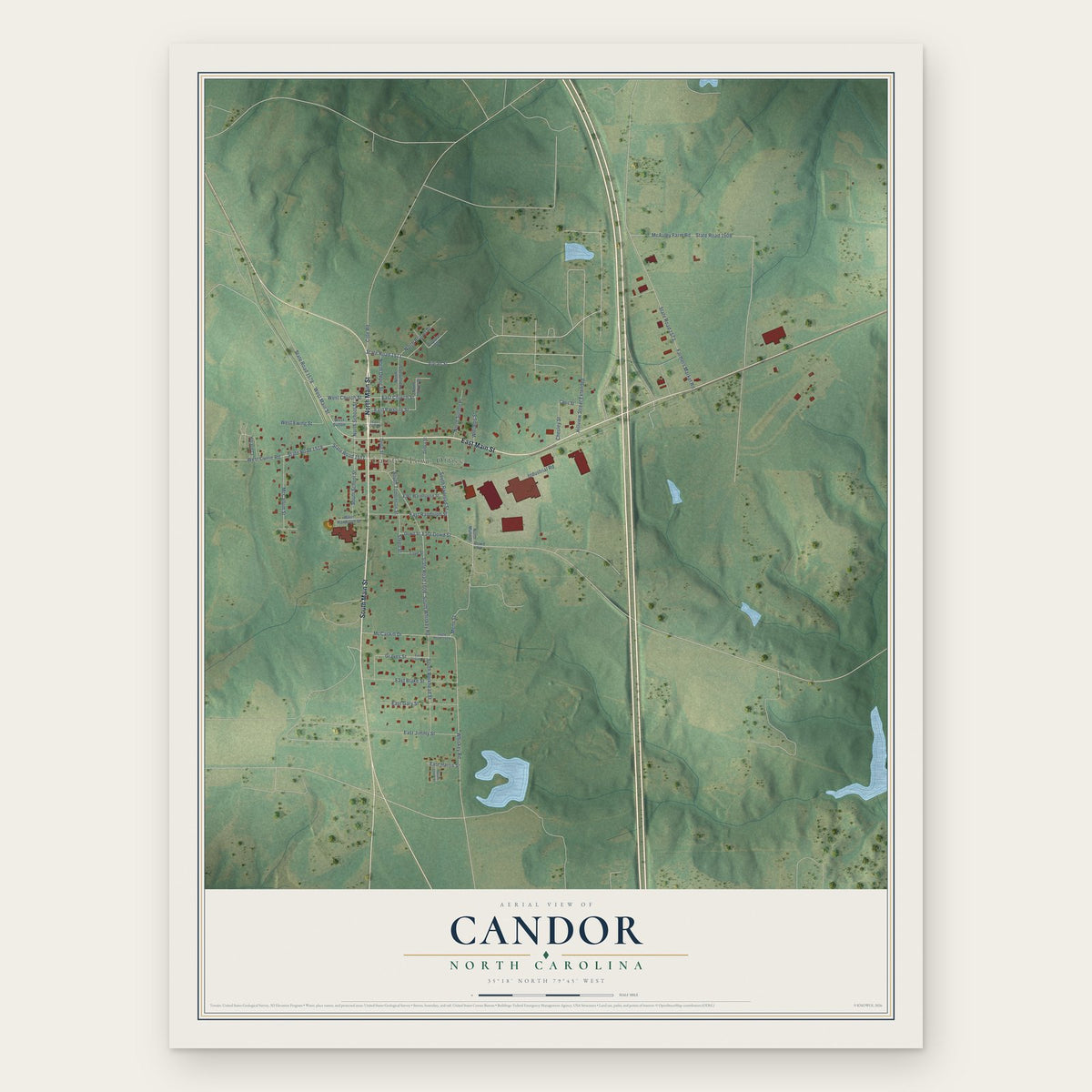 Candor, North Carolina map print, the full design