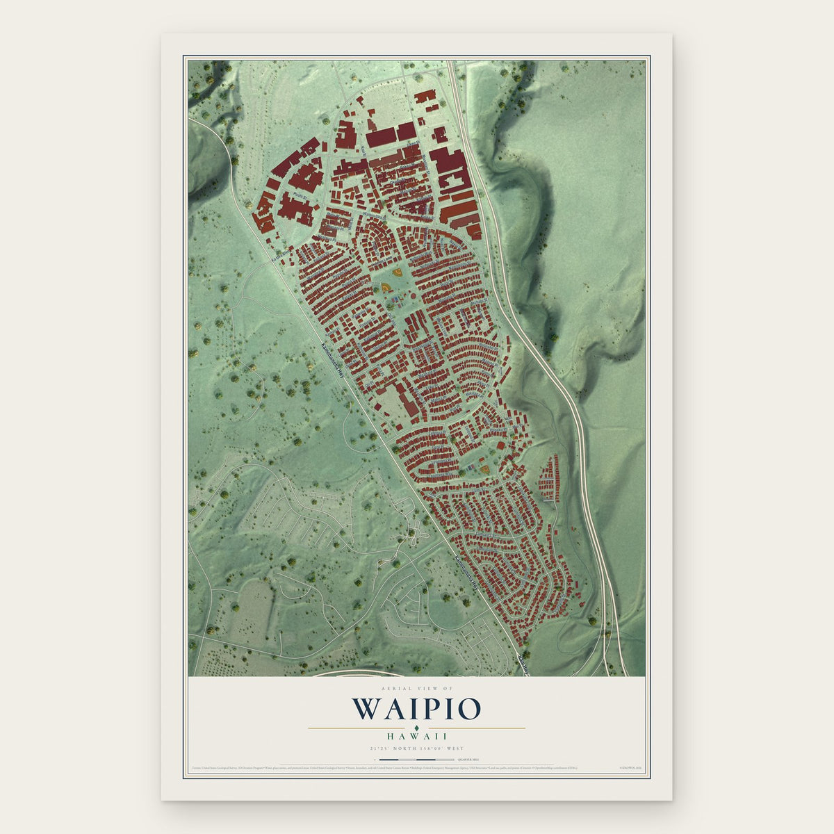 Waipio, Hawaii map print, the full design