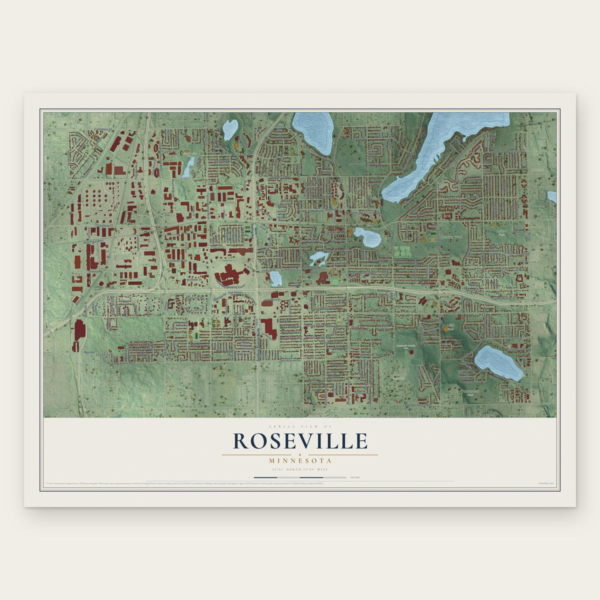 Roseville, Minnesota map print, the full design