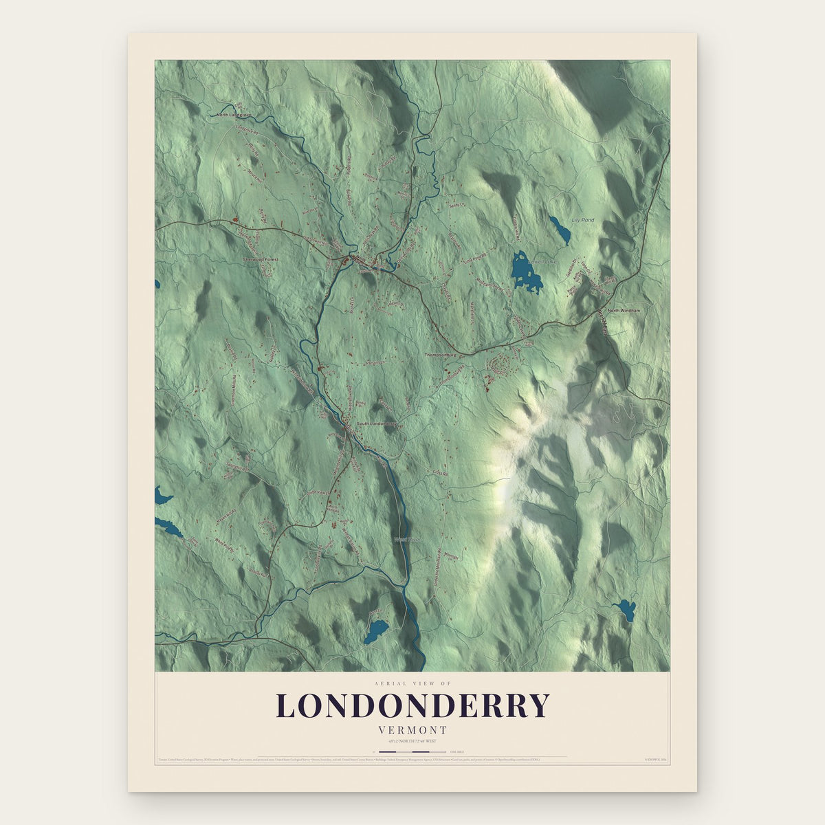 Londonderry, Vermont map print, the full design