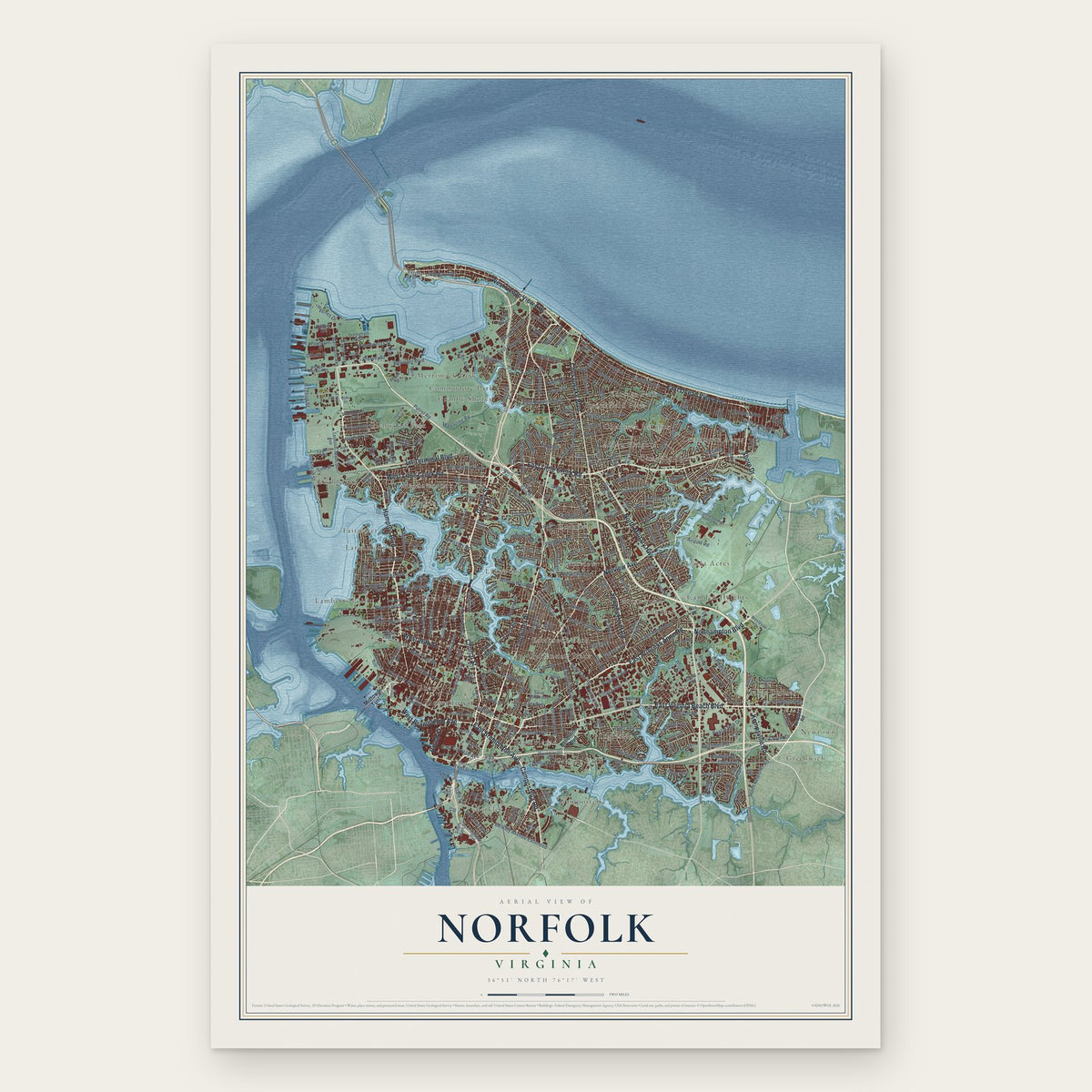 Norfolk, Virginia map print, the full design