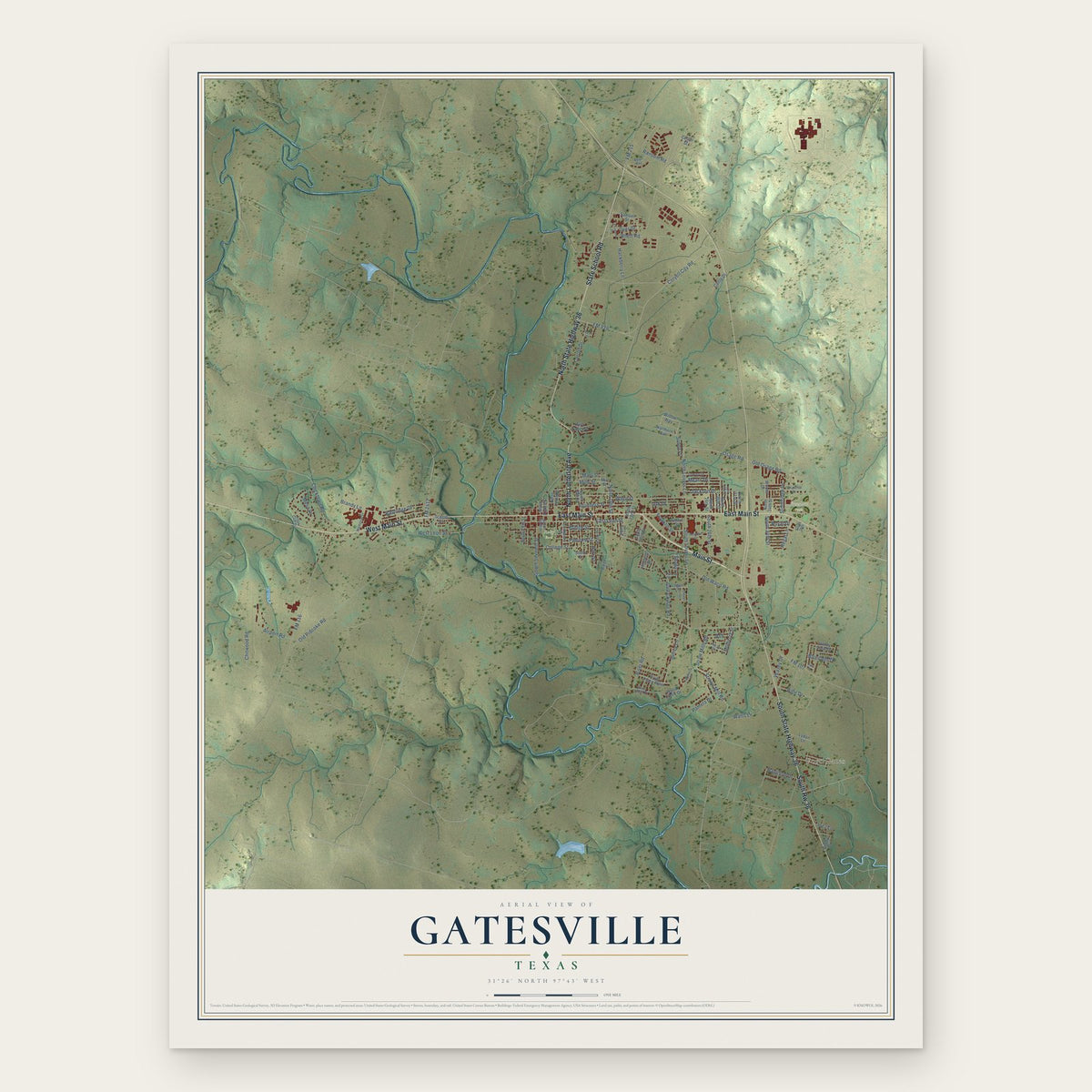 Gatesville, Texas map print, the full design