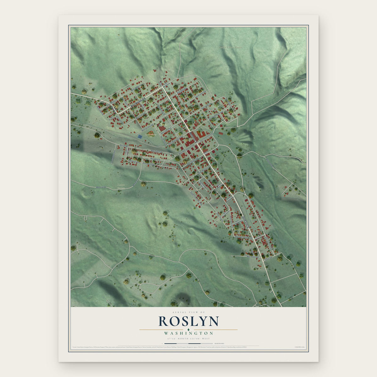 Roslyn, Washington map print, the full design
