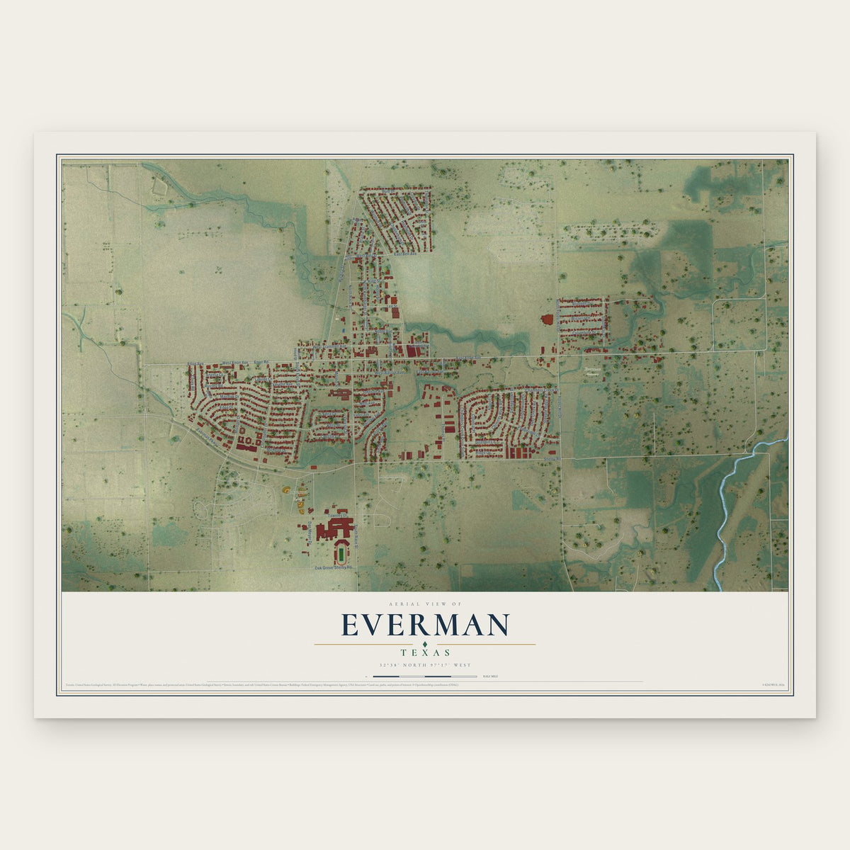 Everman, Texas map print, the full design