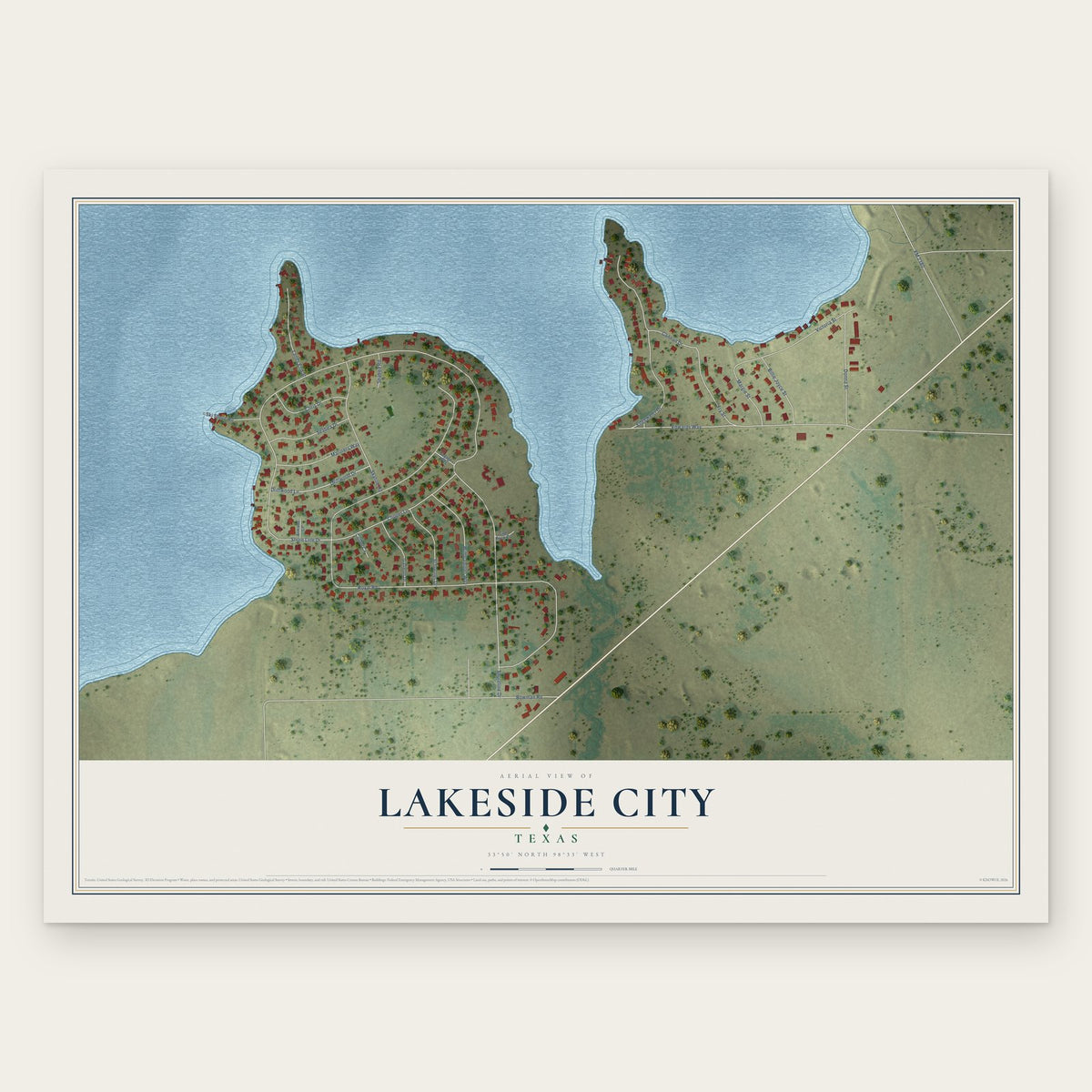 Lakeside City, Texas map print, the full design