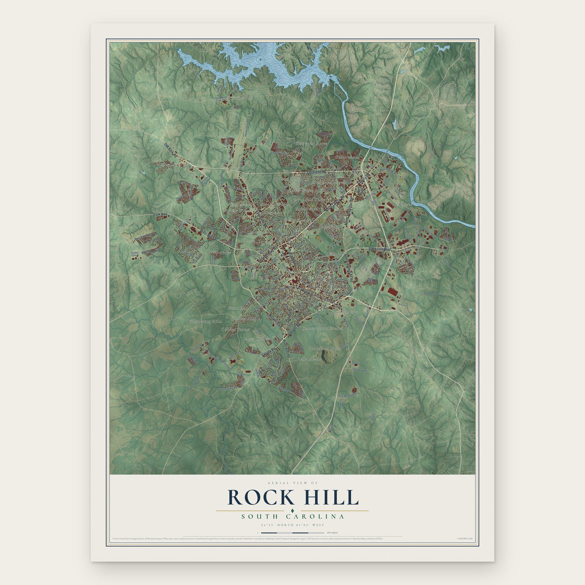 Rock Hill, South Carolina map print, the full design