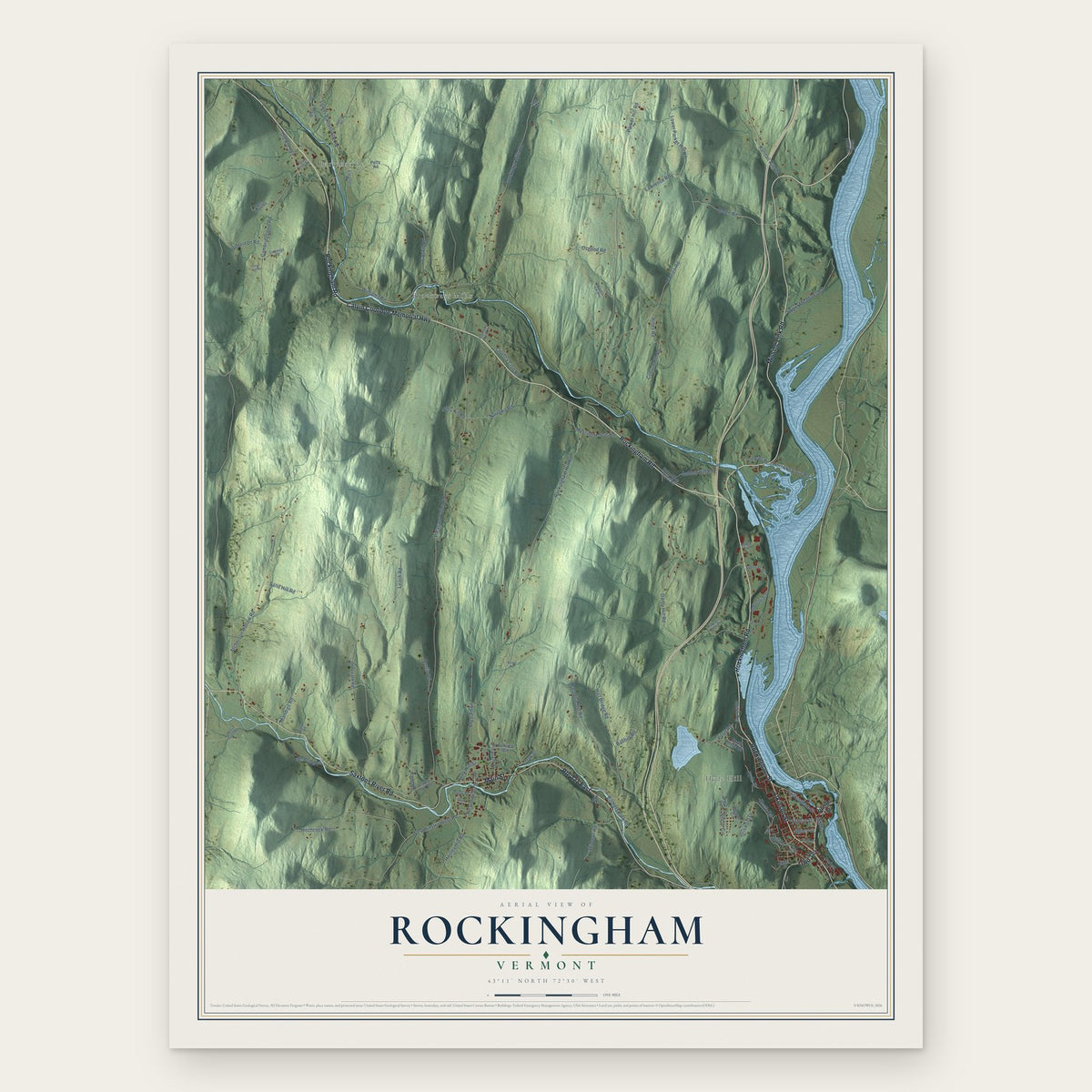 Rockingham, Vermont map print, the full design
