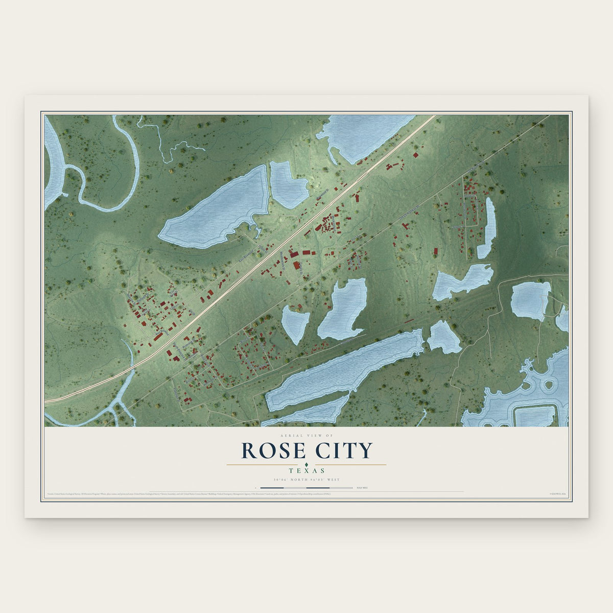 Rose City, Texas map print, the full design