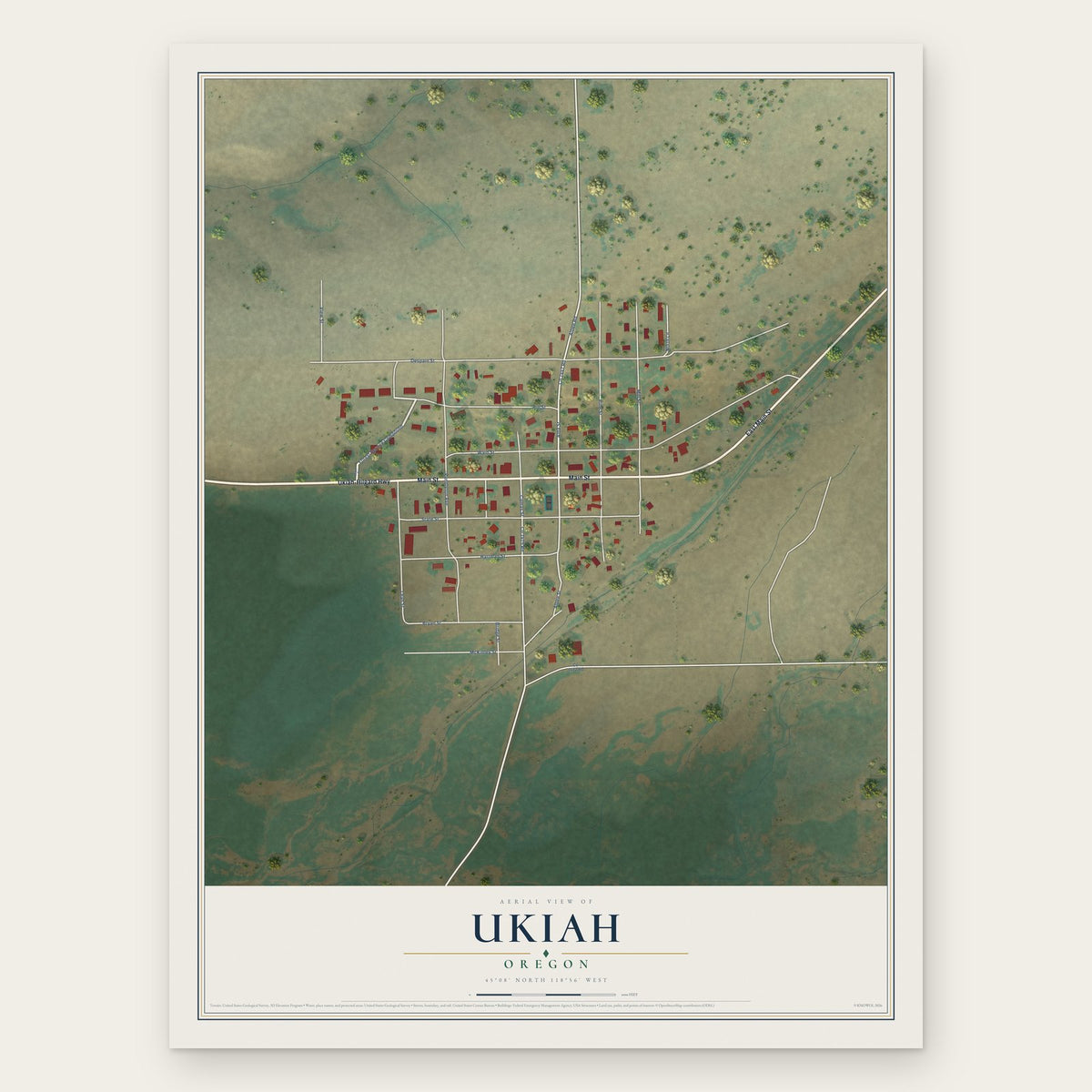Ukiah, Oregon map print, the full design
