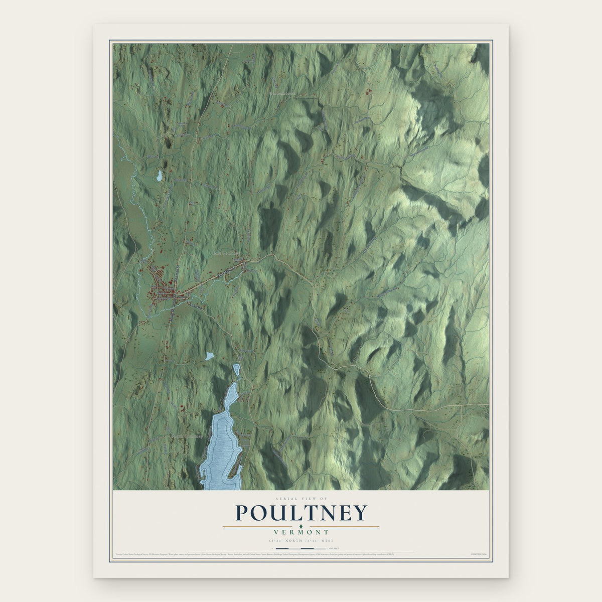Poultney, Vermont map print, the full design