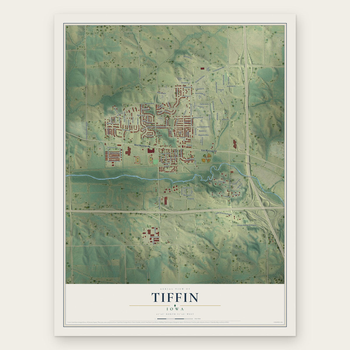 Tiffin, Iowa map print, the full design