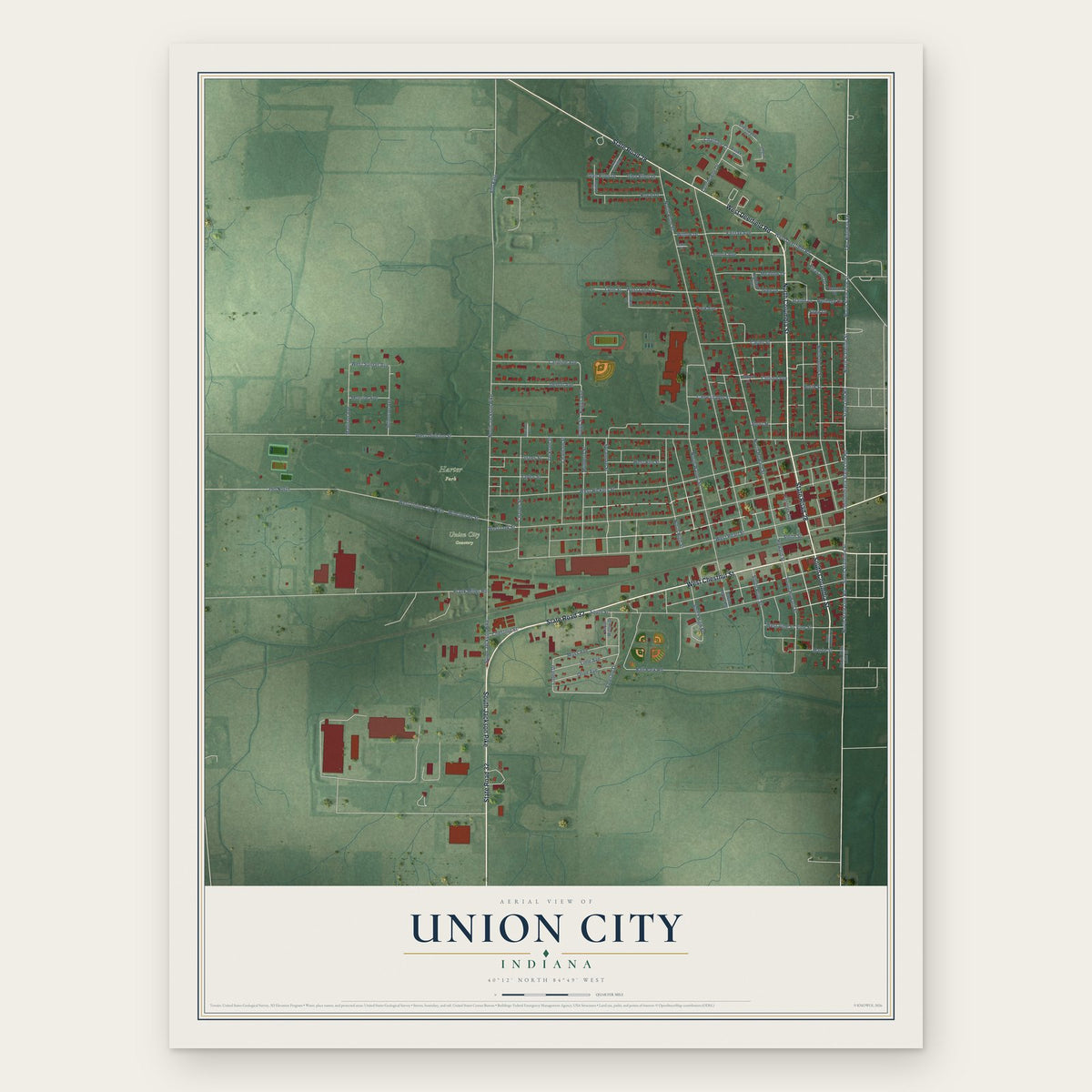 Union City, Indiana map print, the full design