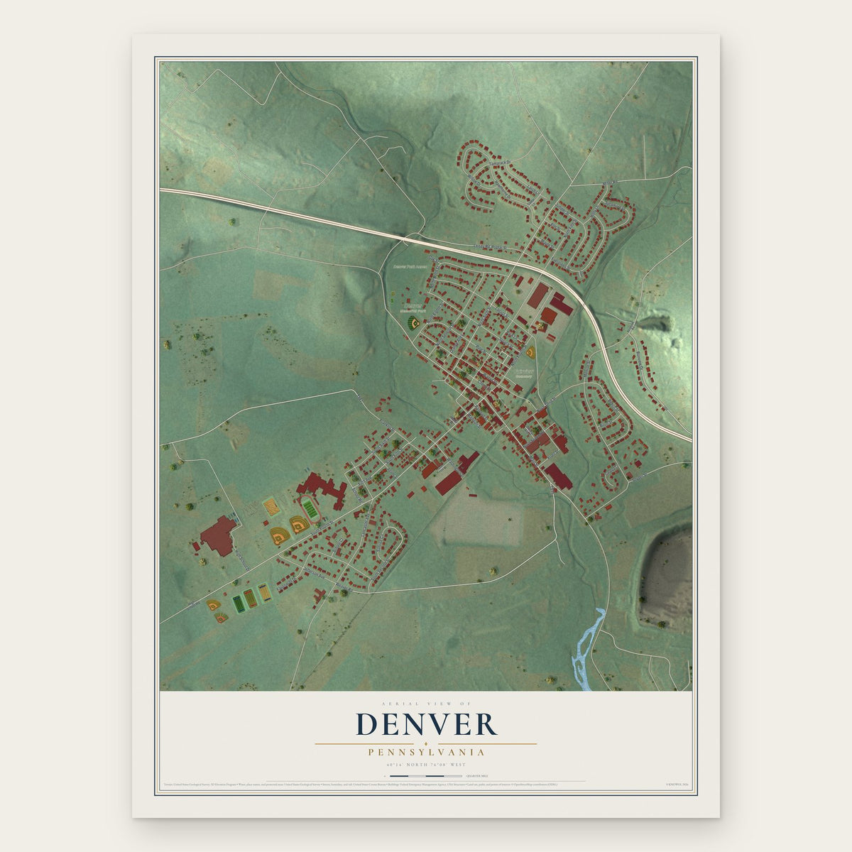 Denver, Pennsylvania map print, the full design