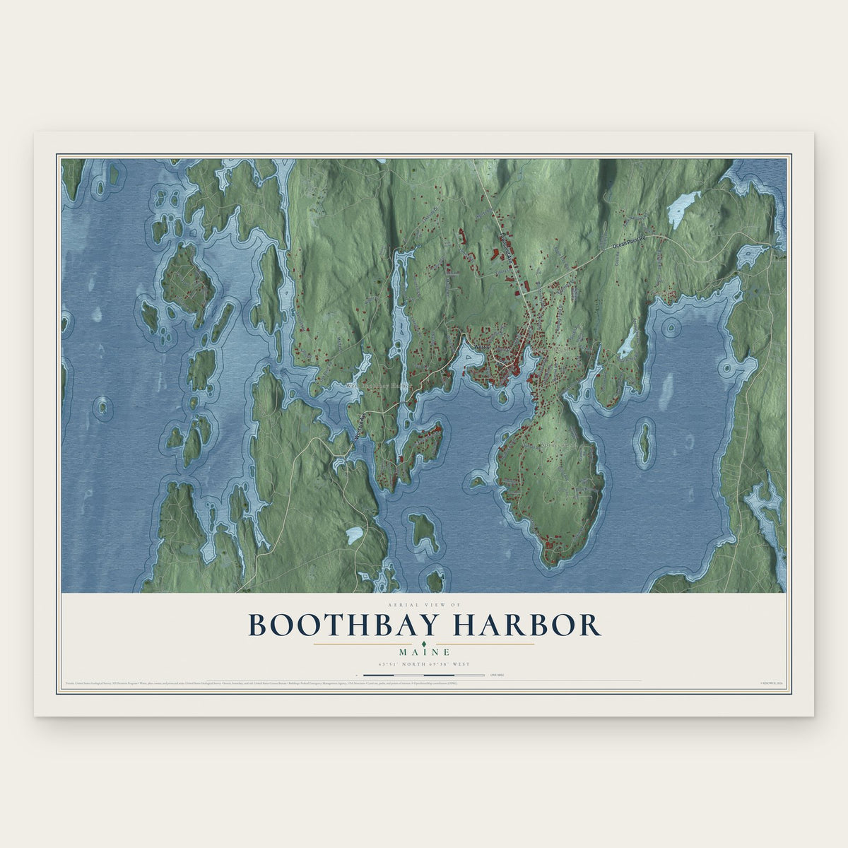 Boothbay Harbor, Maine map print, the full design
