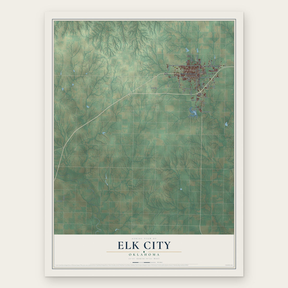Elk City, Oklahoma map print, the full design