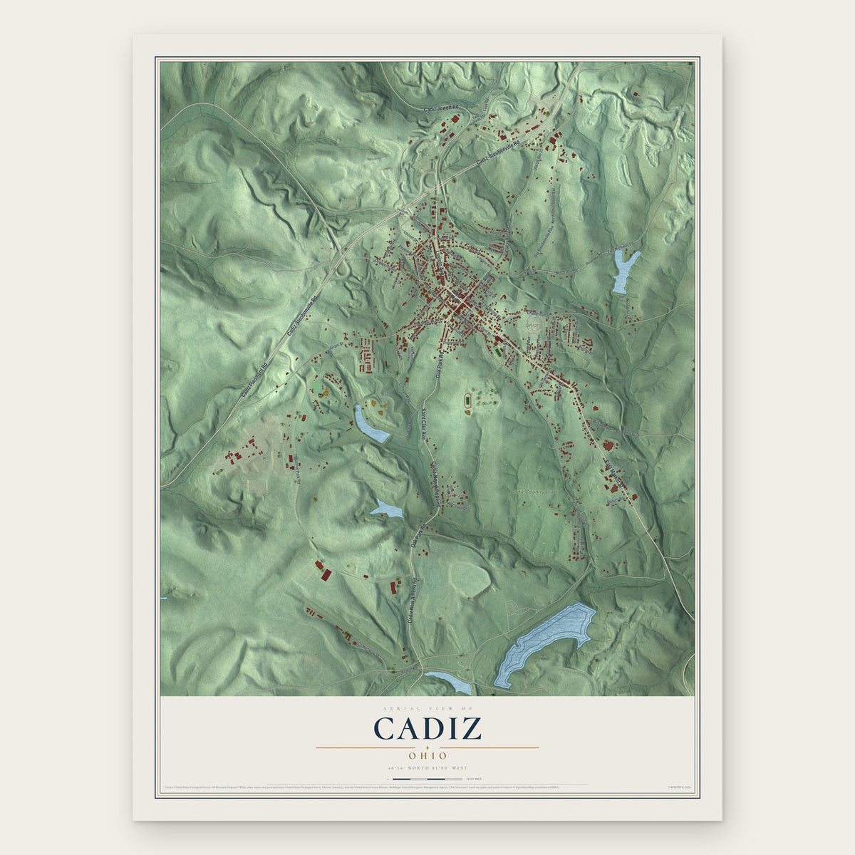 Cadiz, Ohio map print, the full design