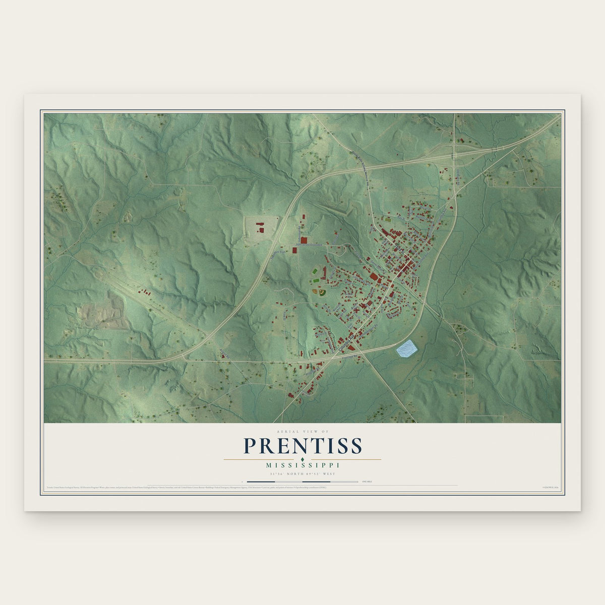 Prentiss, Mississippi map print, the full design
