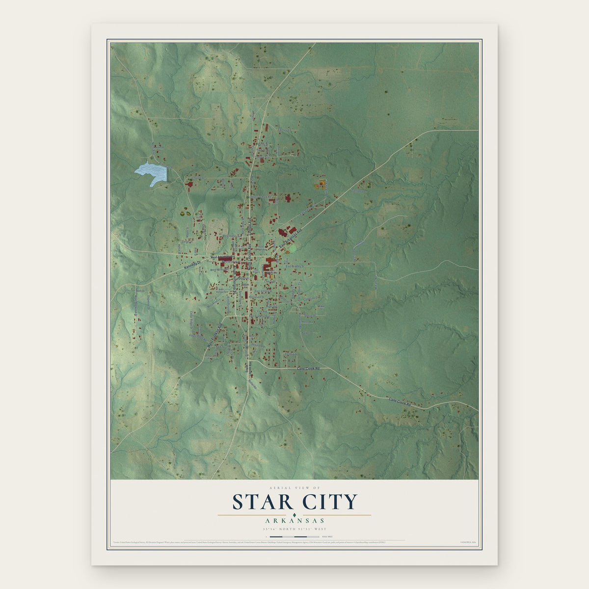 Star City, Arkansas map print, the full design