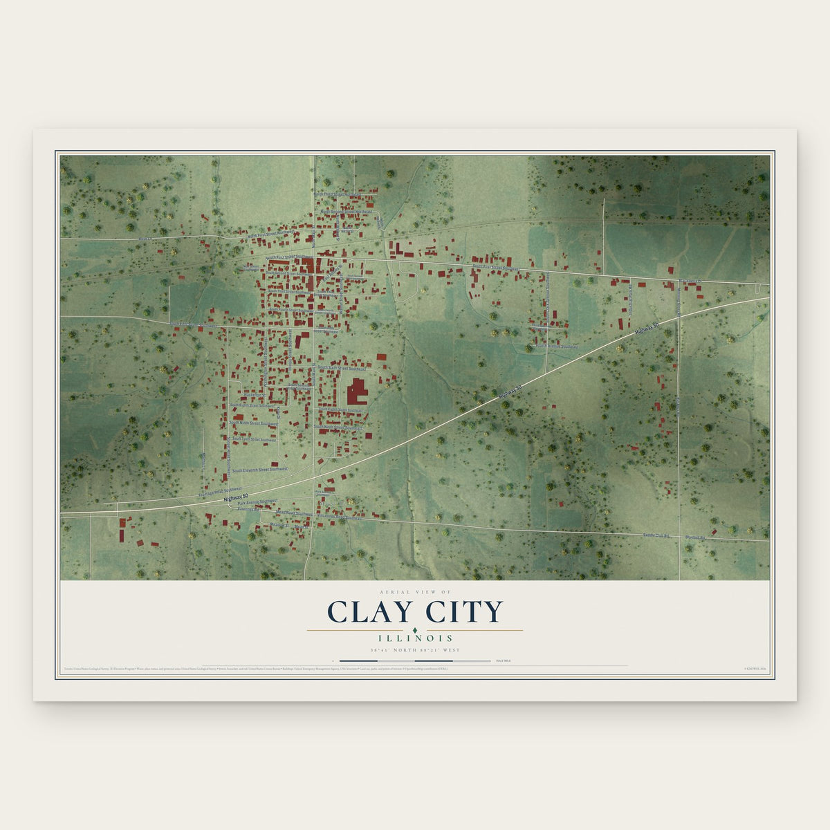 Clay City, Illinois map print, the full design