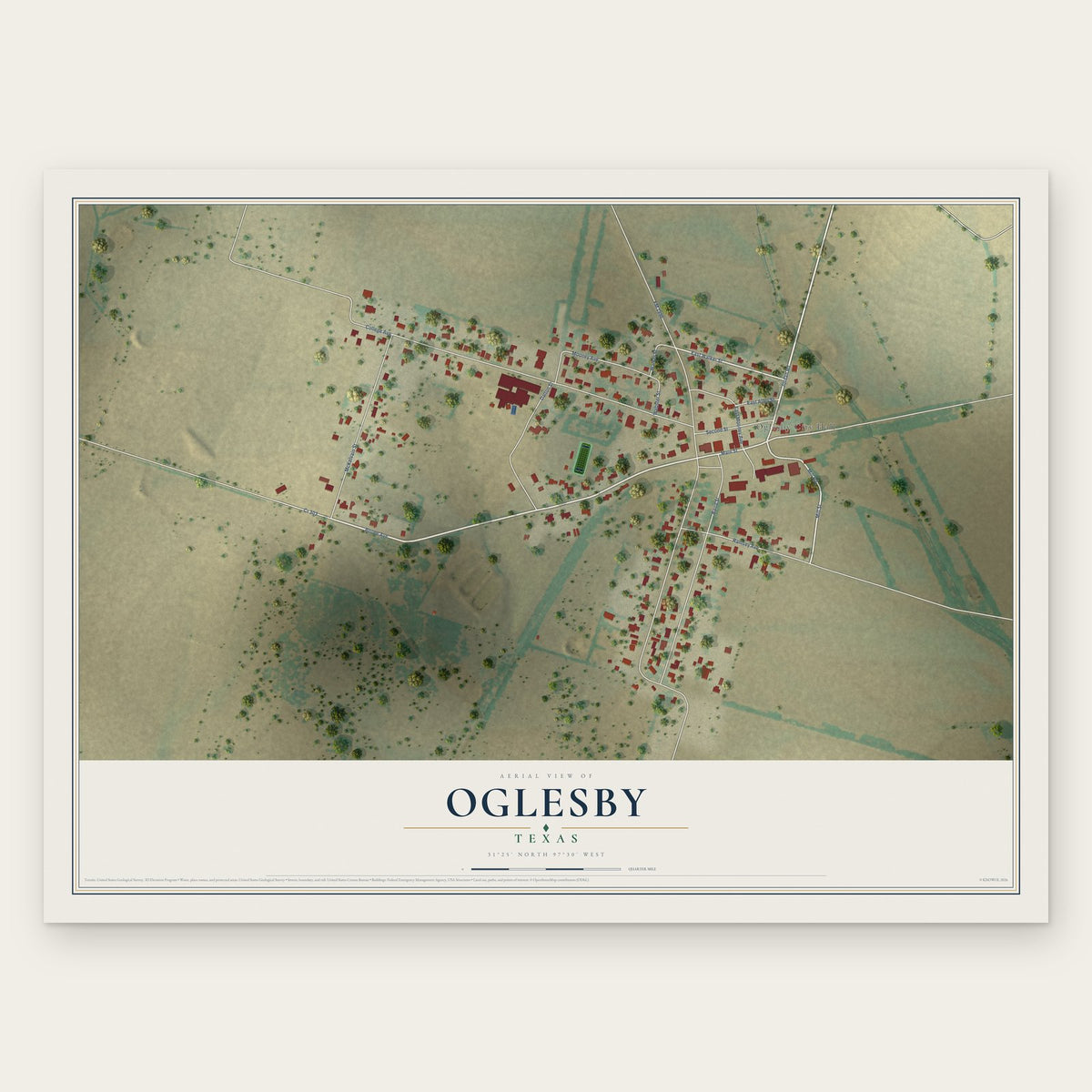 Oglesby, Texas map print, the full design