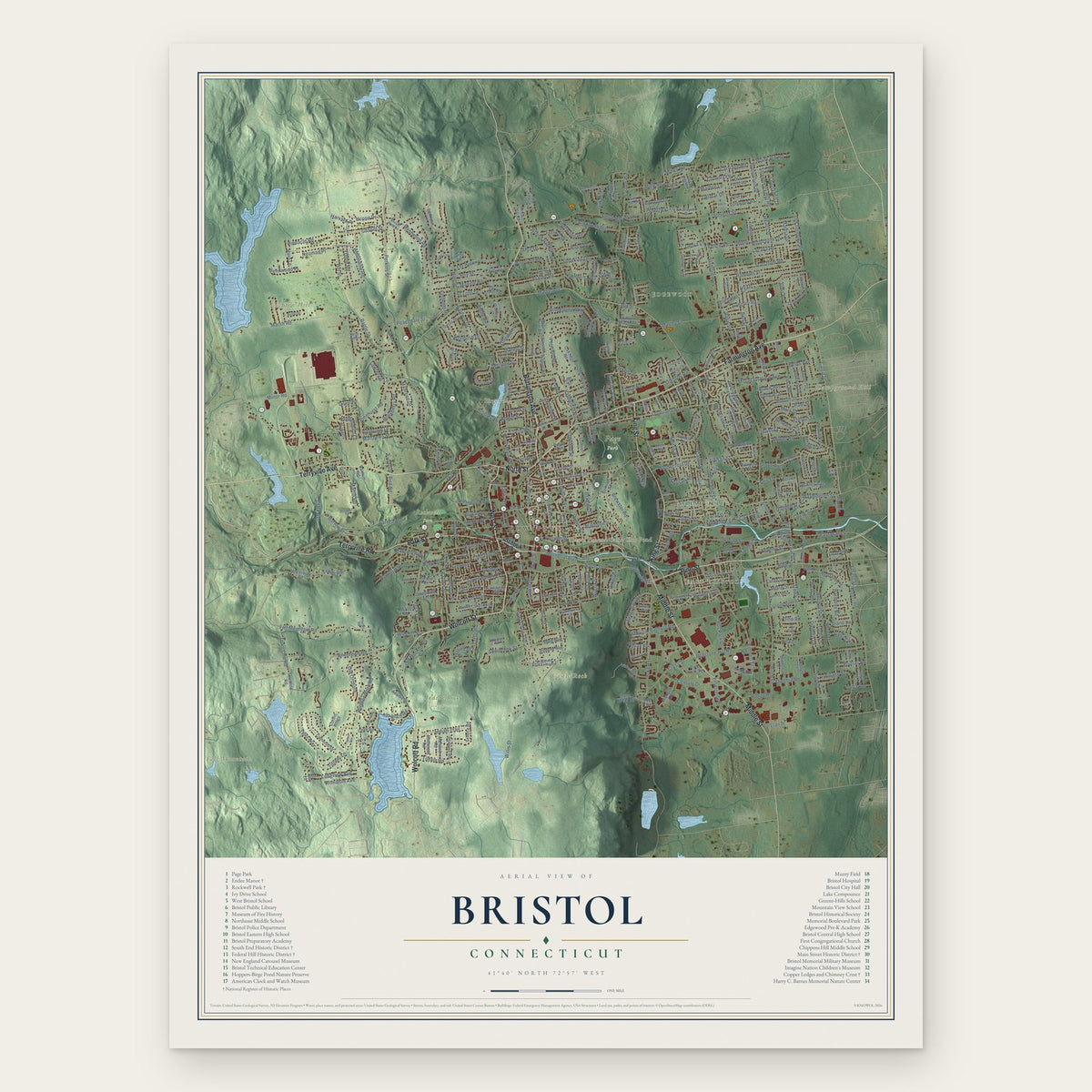 Bristol, Connecticut map print, the full design