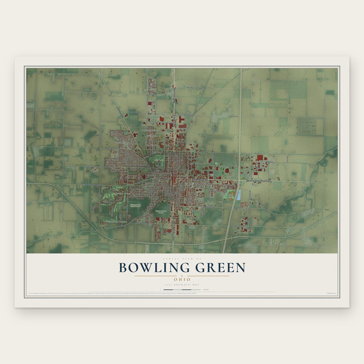 Bowling Green, Ohio map print, the full design