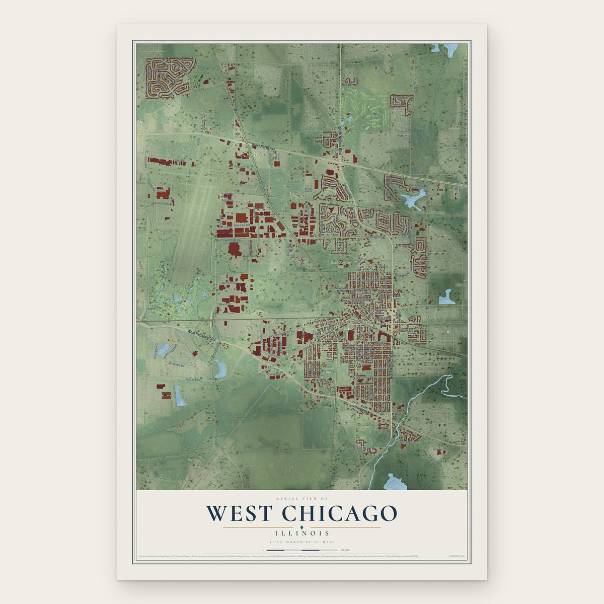 West Chicago, Illinois map print, the full design