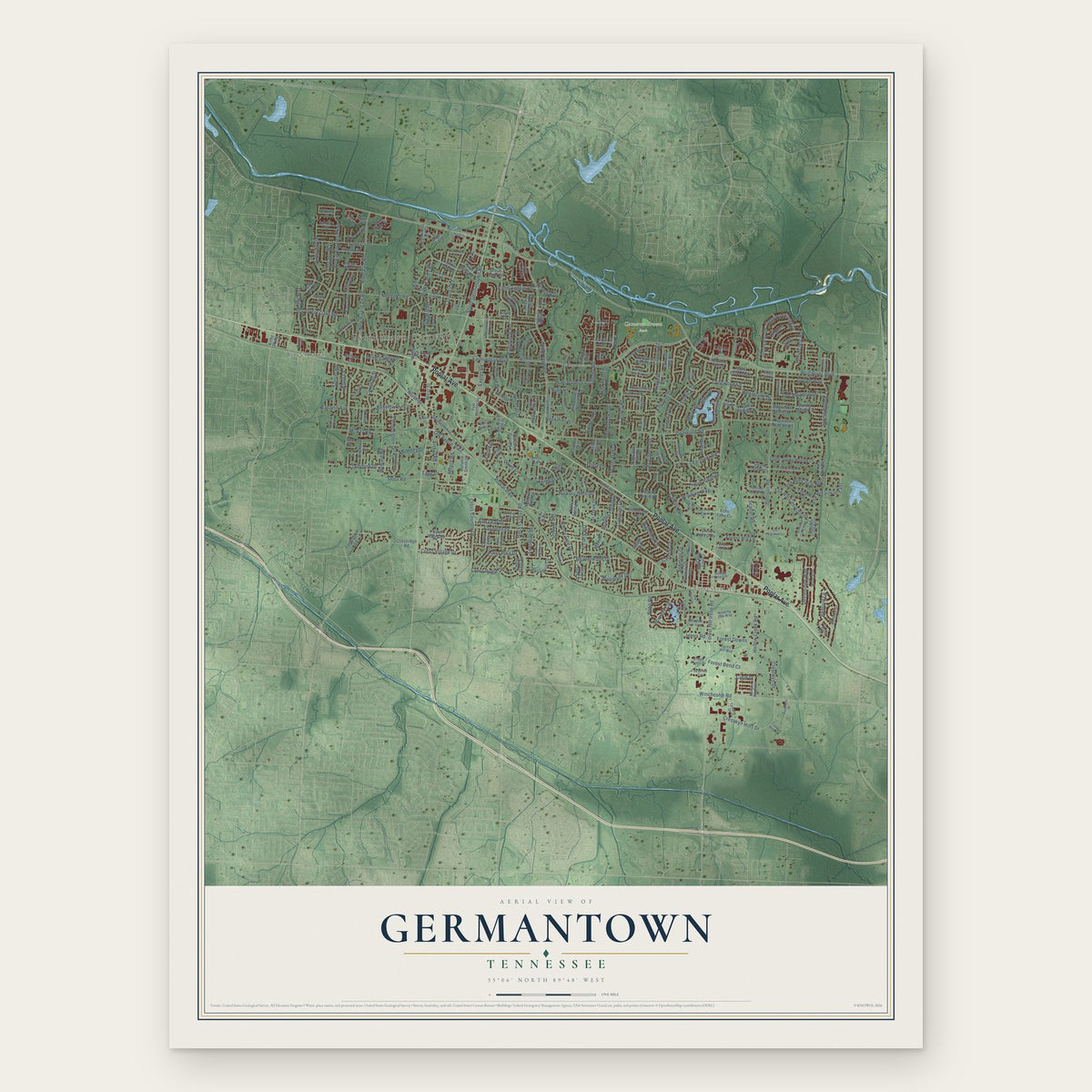 Germantown, Tennessee map print, the full design