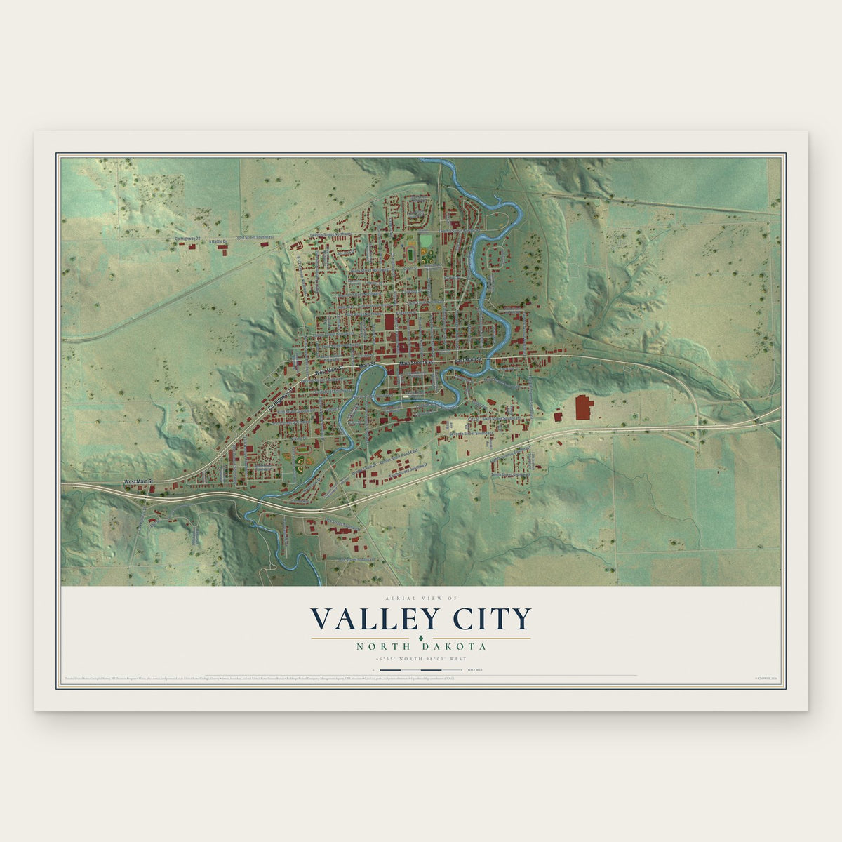 Valley City, North Dakota map print, the full design