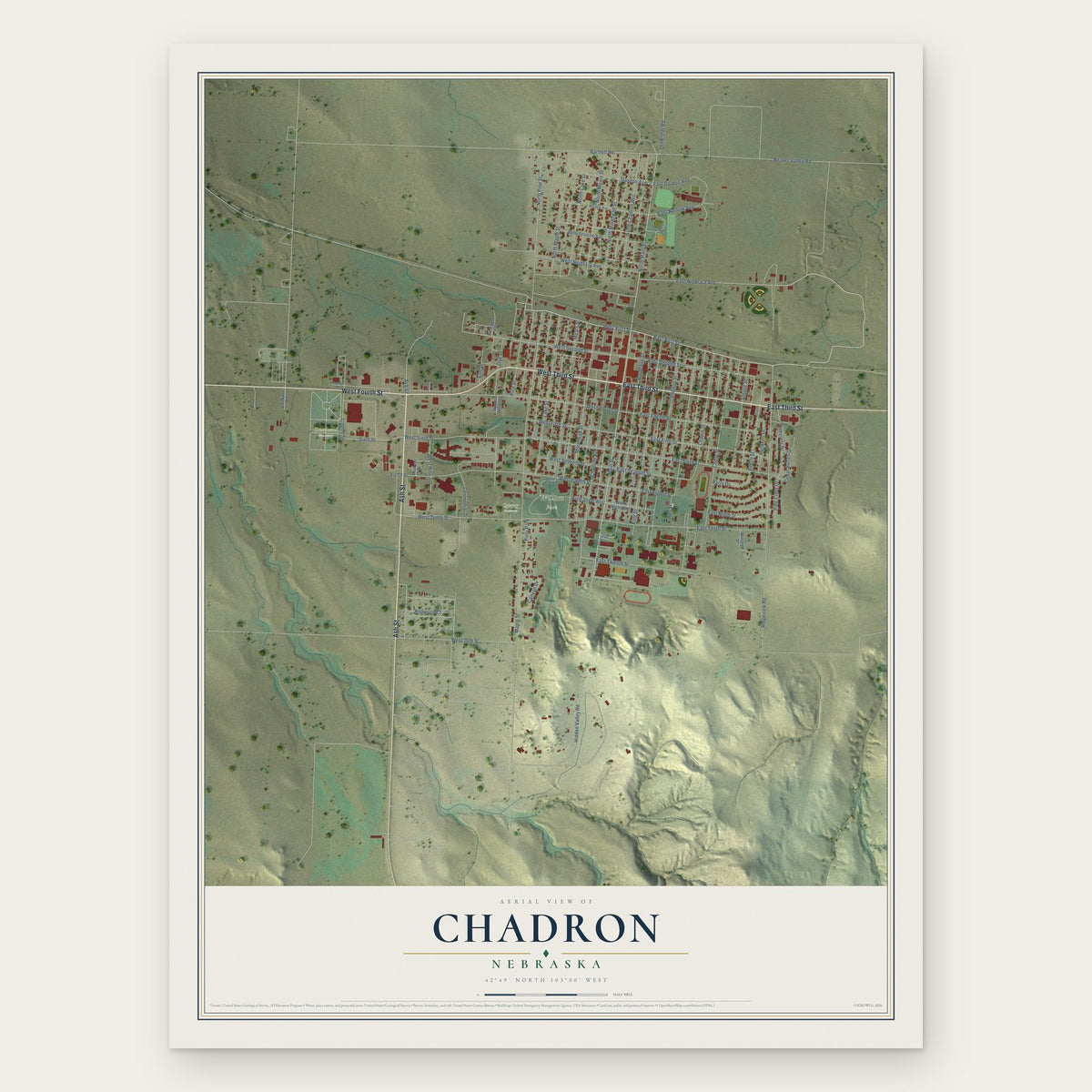 Chadron, Nebraska map print, the full design