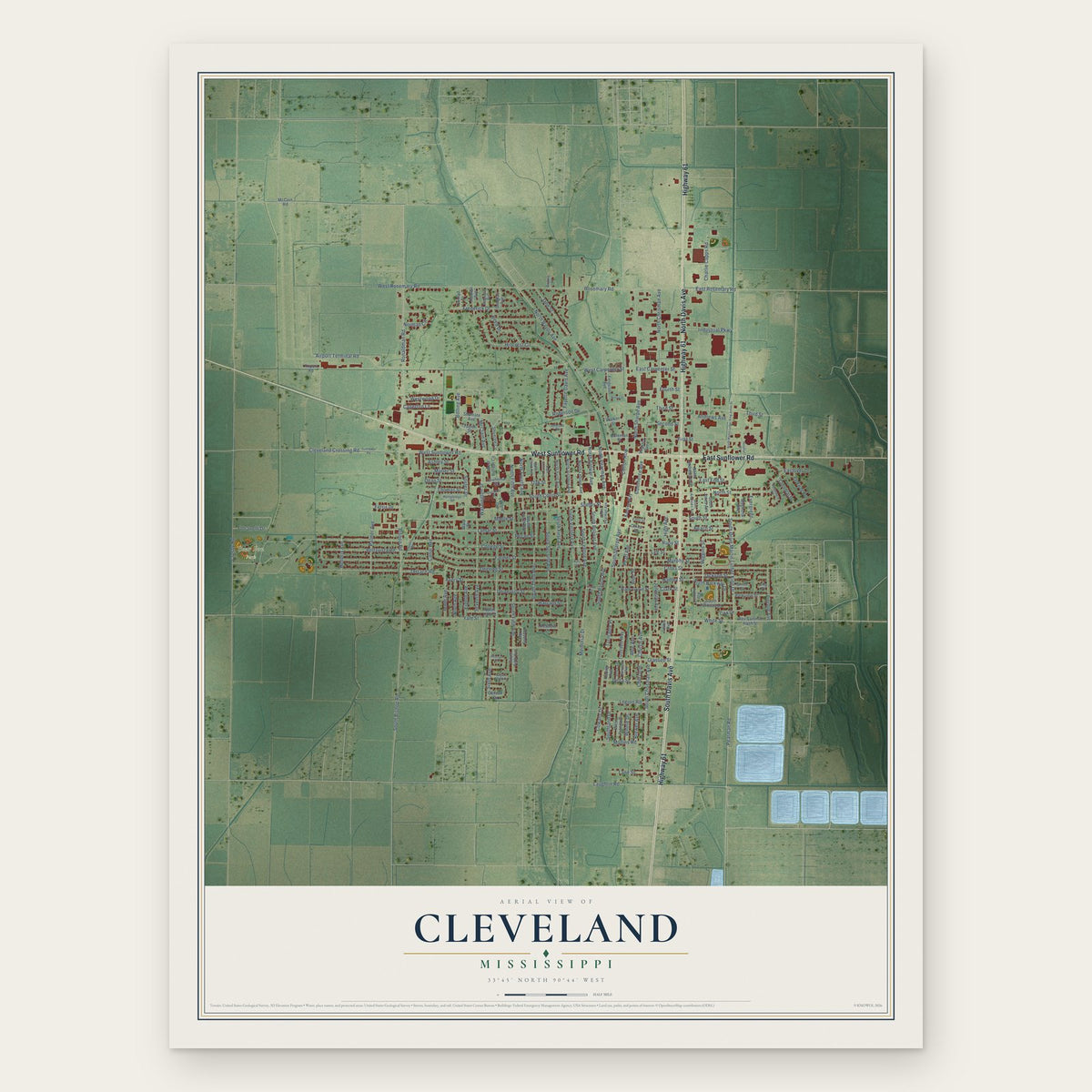 Cleveland, Mississippi map print, the full design