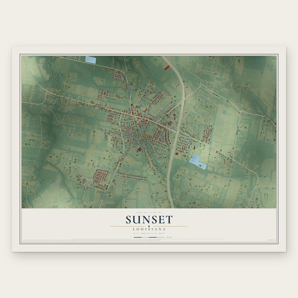 Sunset, Louisiana map print, the full design