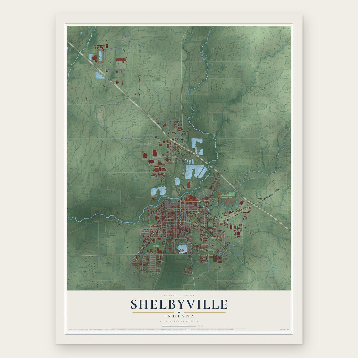 Shelbyville, Indiana map print, the full design