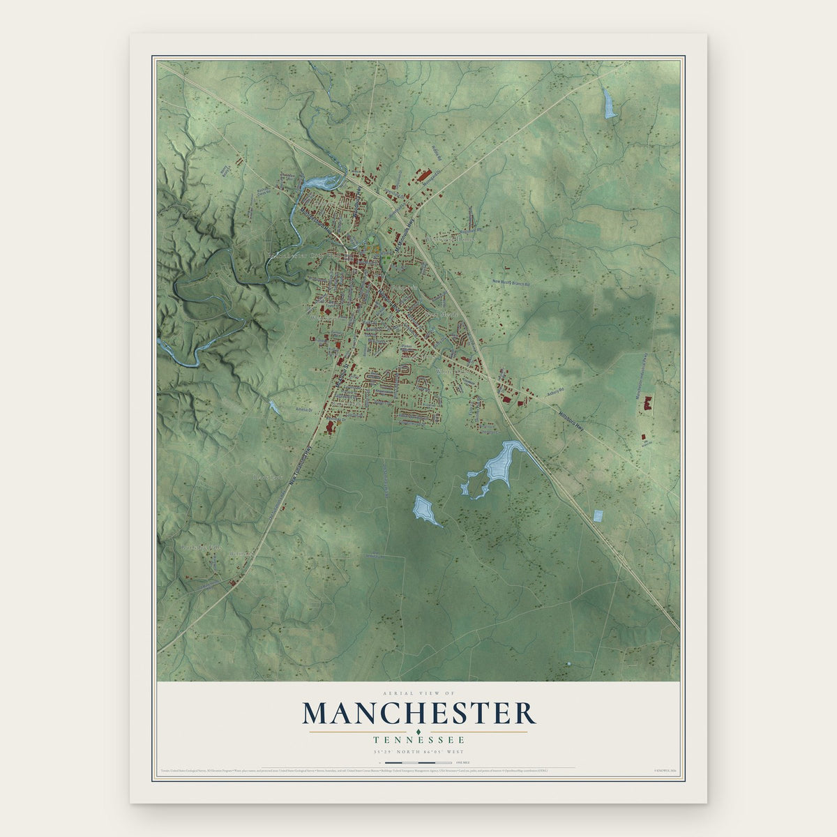 Manchester, Tennessee map print, the full design