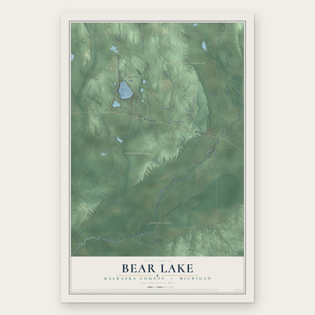 Bear Lake, Kalkaska County, Michigan map print, the full design