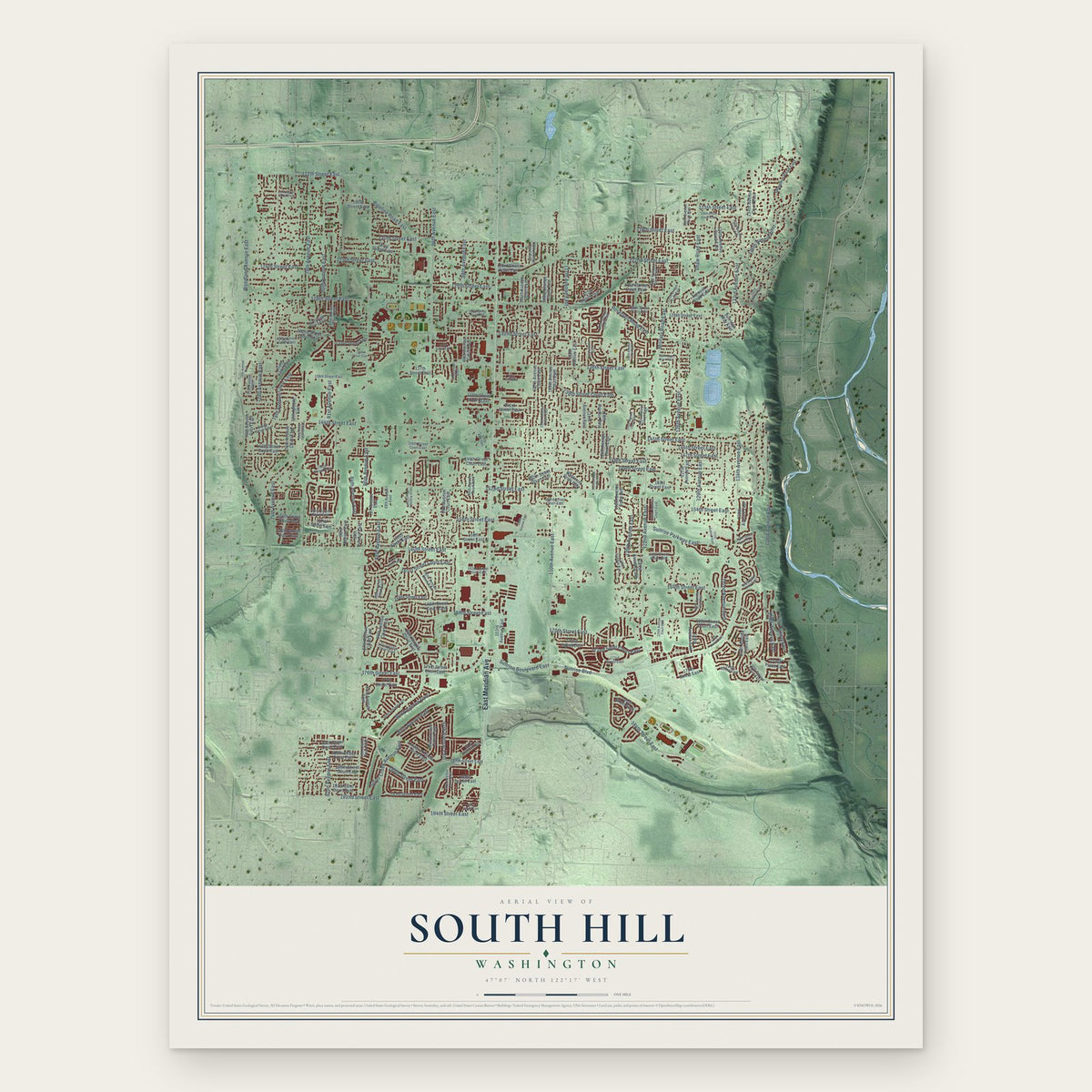 South Hill, Washington map print, the full design
