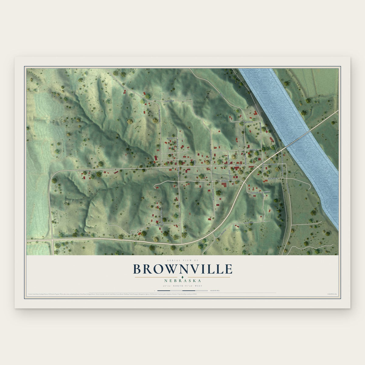 Brownville, Nebraska map print, the full design