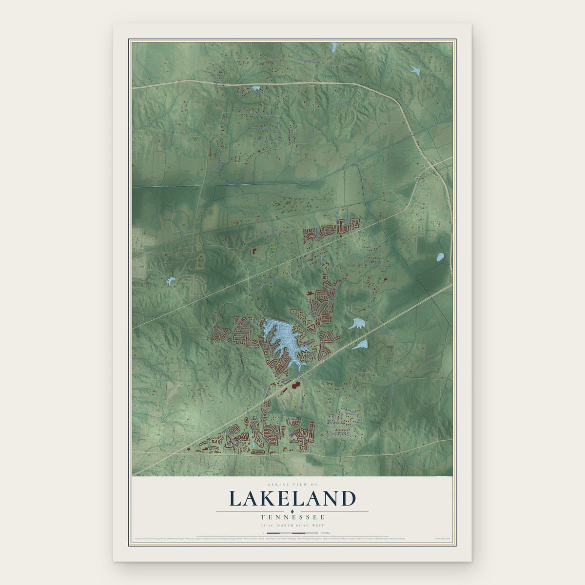 Lakeland, Tennessee map print, the full design