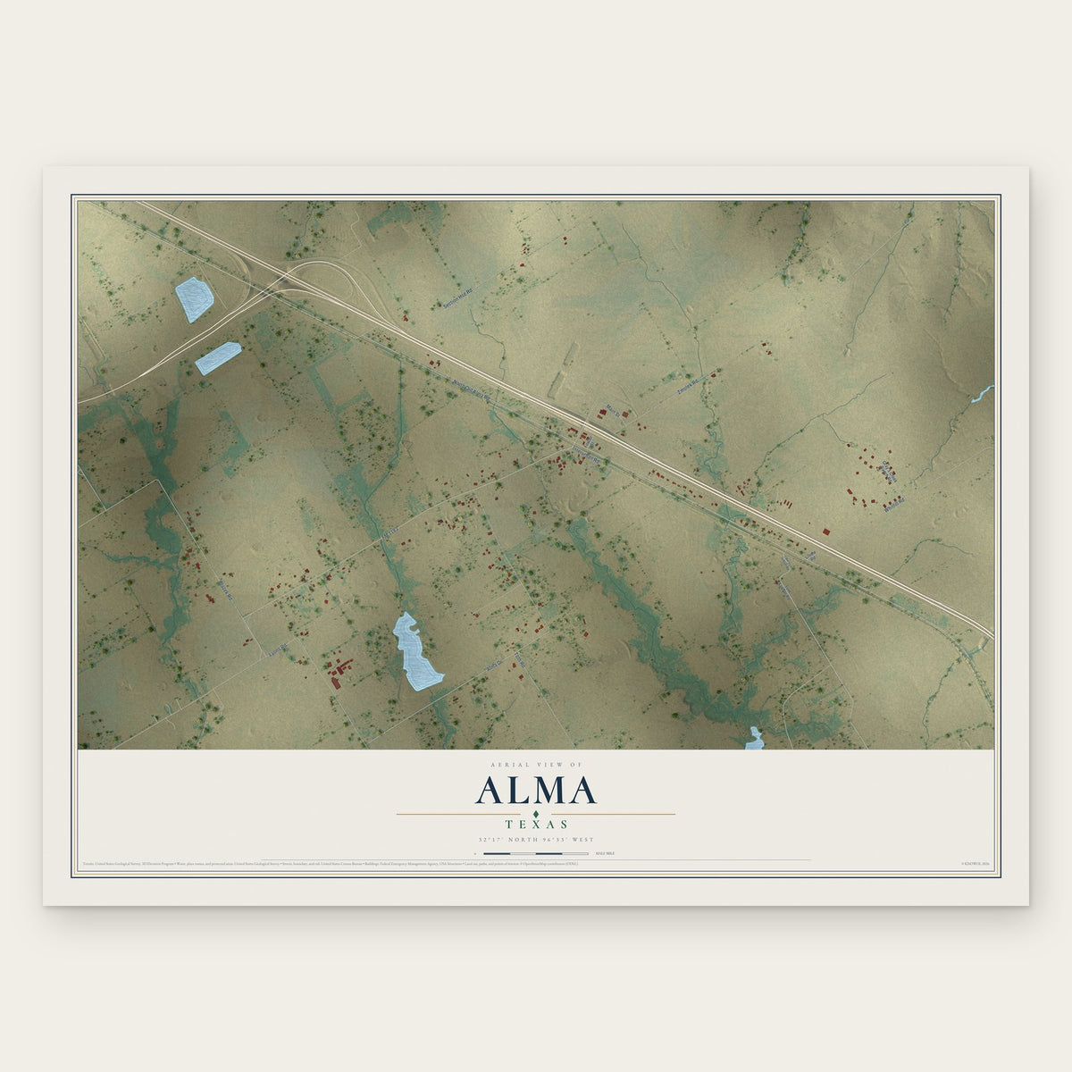 Alma, Texas map print, the full design