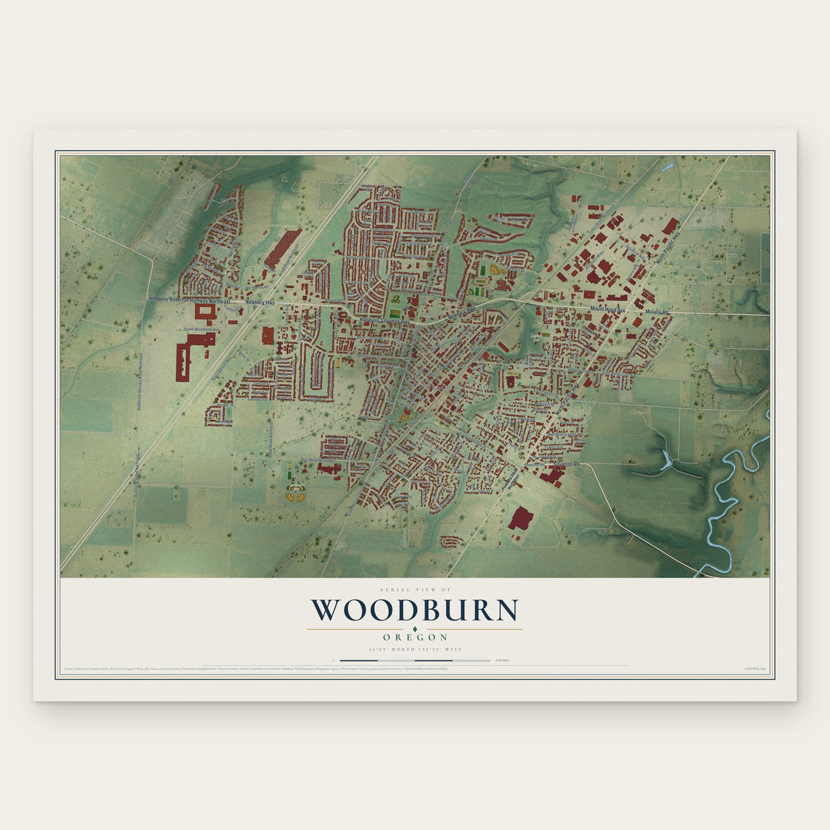 Woodburn, Oregon map print, the full design