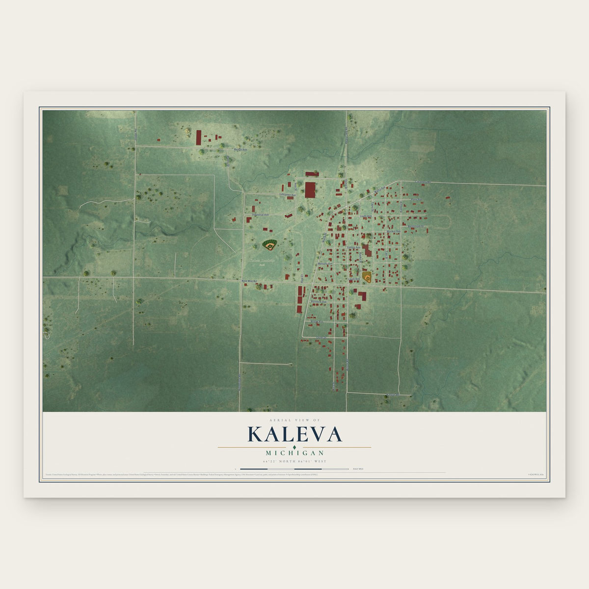 Kaleva, Michigan map print, the full design