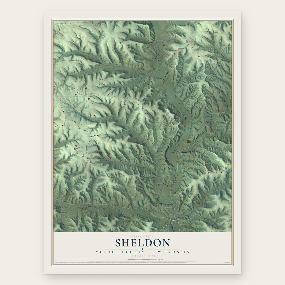 Sheldon, Monroe County, Wisconsin map print, the full design