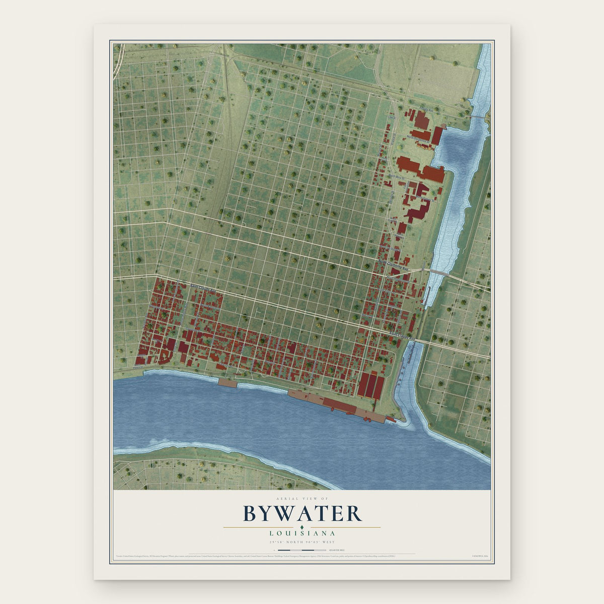 Bywater, Louisiana map print, the full design