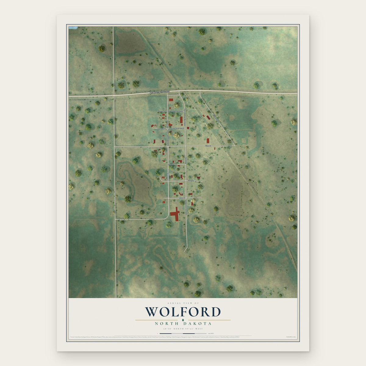 Wolford, North Dakota map print, the full design