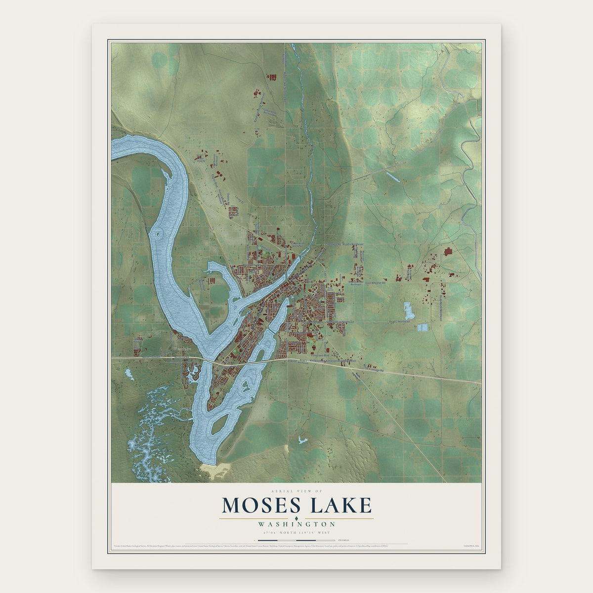 Moses Lake, Washington map print, the full design